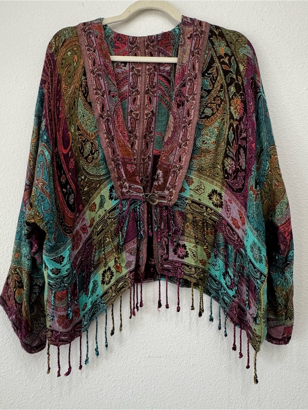 Vintage Whimsigoth Paisley Patchwork Fringed Kimono Cardigan Jacket Wrap OS